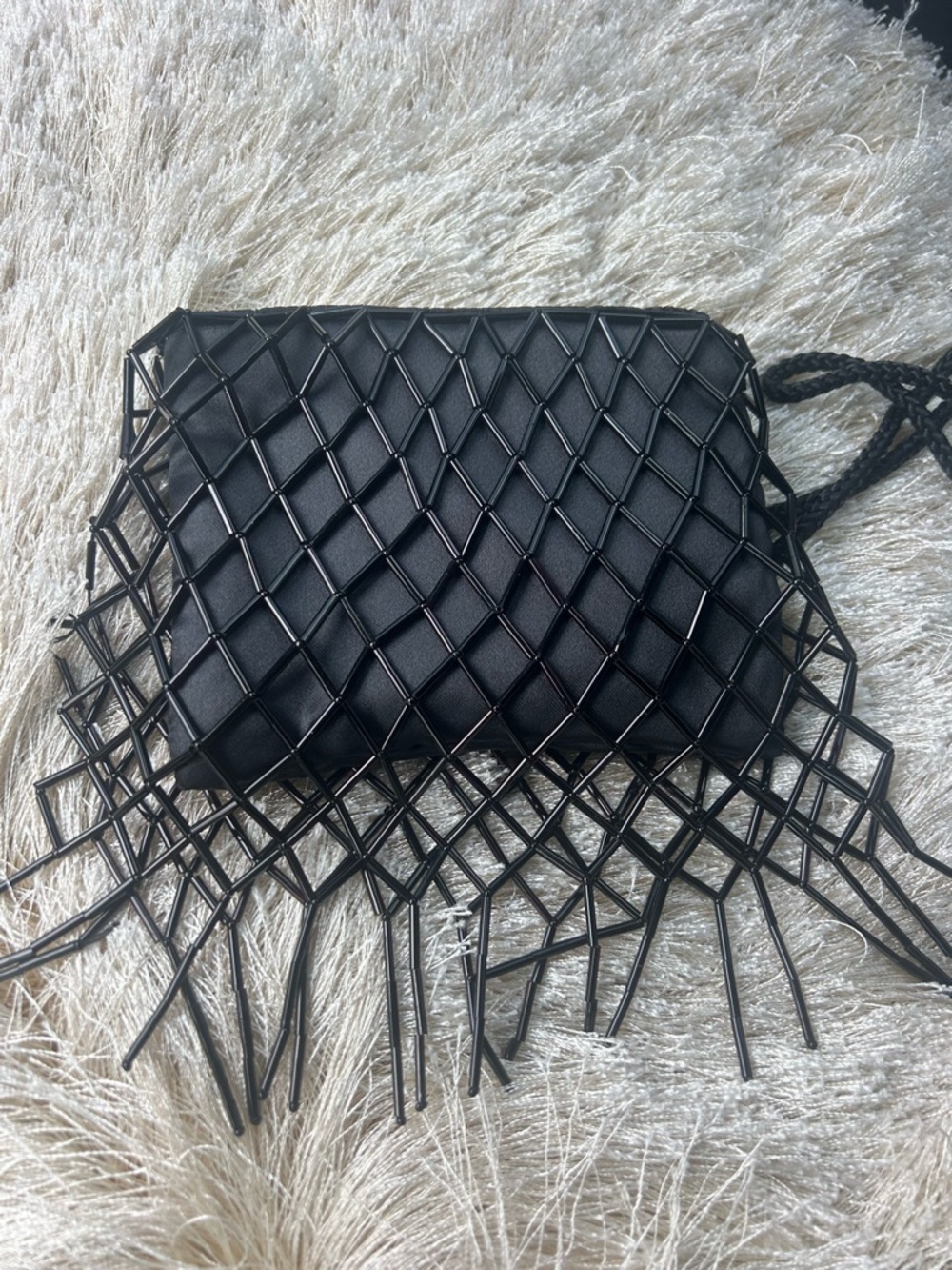 Black Fringe Net Crossbody Bag